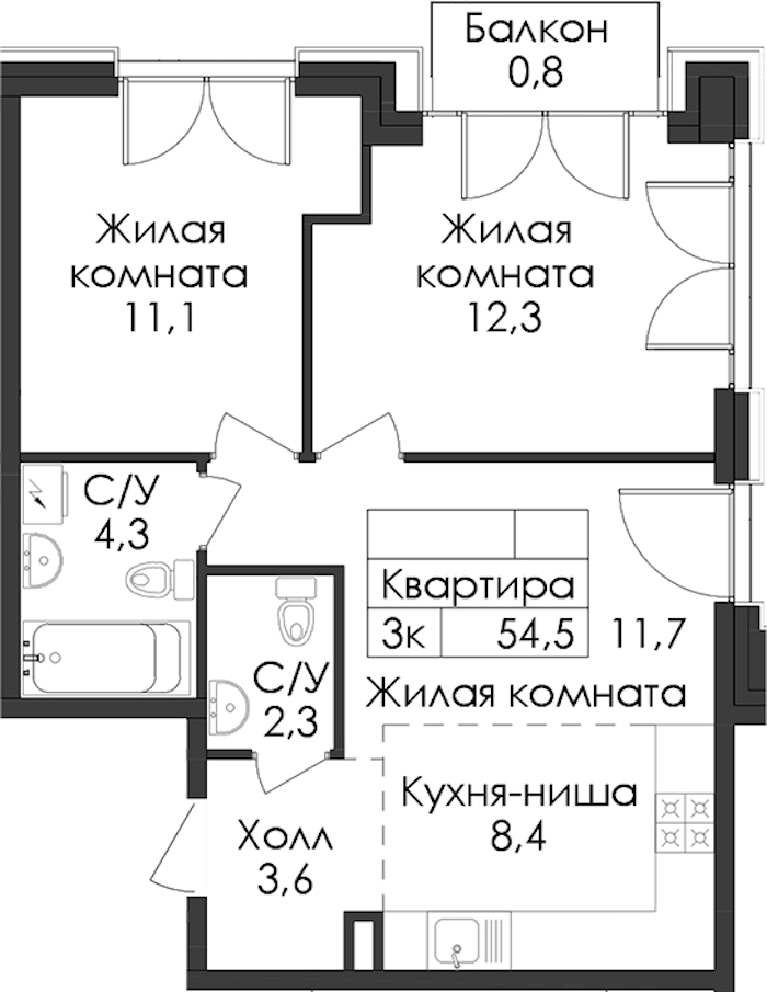 2-комнатная квартира 54.5 м², 5/7 эт., ЖК «Лермонтовский 54»